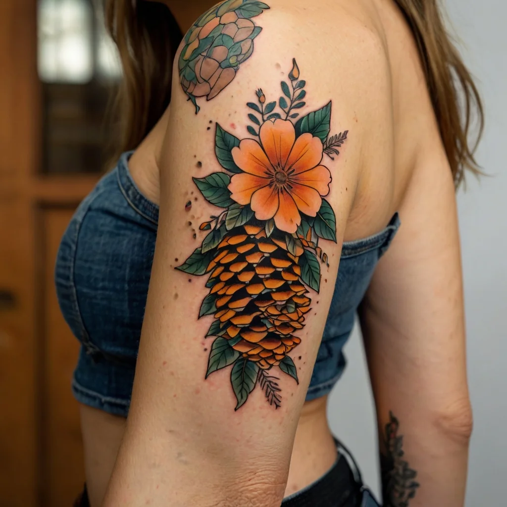 Tattoo of a pinecone and orange flower with green leaves on the upper arm, blending nature with vibrant colors.