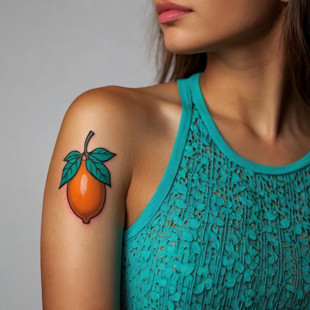 Tattoo of a vibrant, realistic orange with green leaves on the shoulder, symbolizing freshness and vitality.