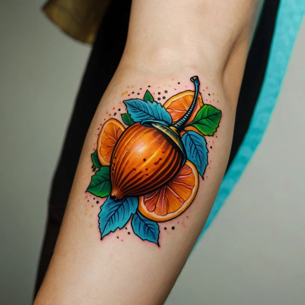 Tattoo of vibrant oranges, a realistic acorn, and green leaves in bold colors with fine dot details on the background.