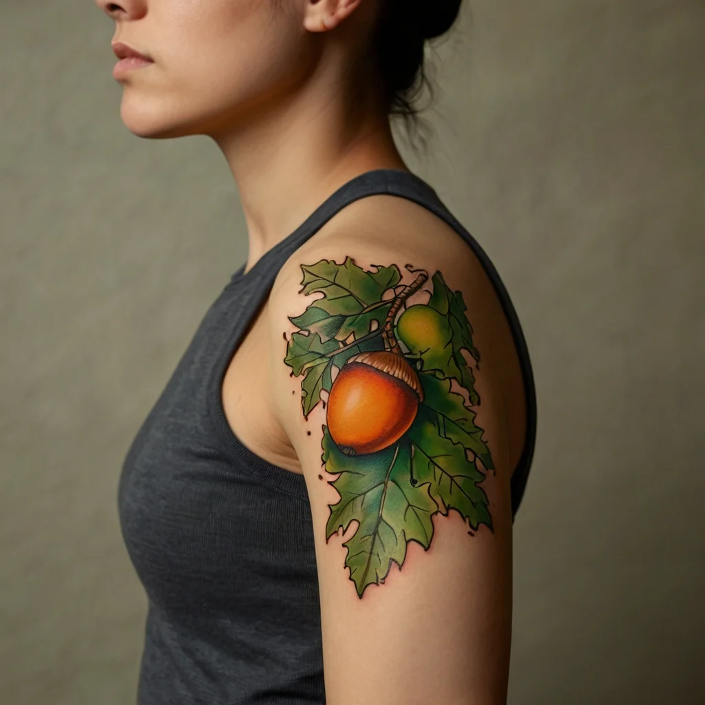 A detailed tattoo of a vibrant acorn with green oak leaves on the upper arm, symbolizing strength and potential growth.