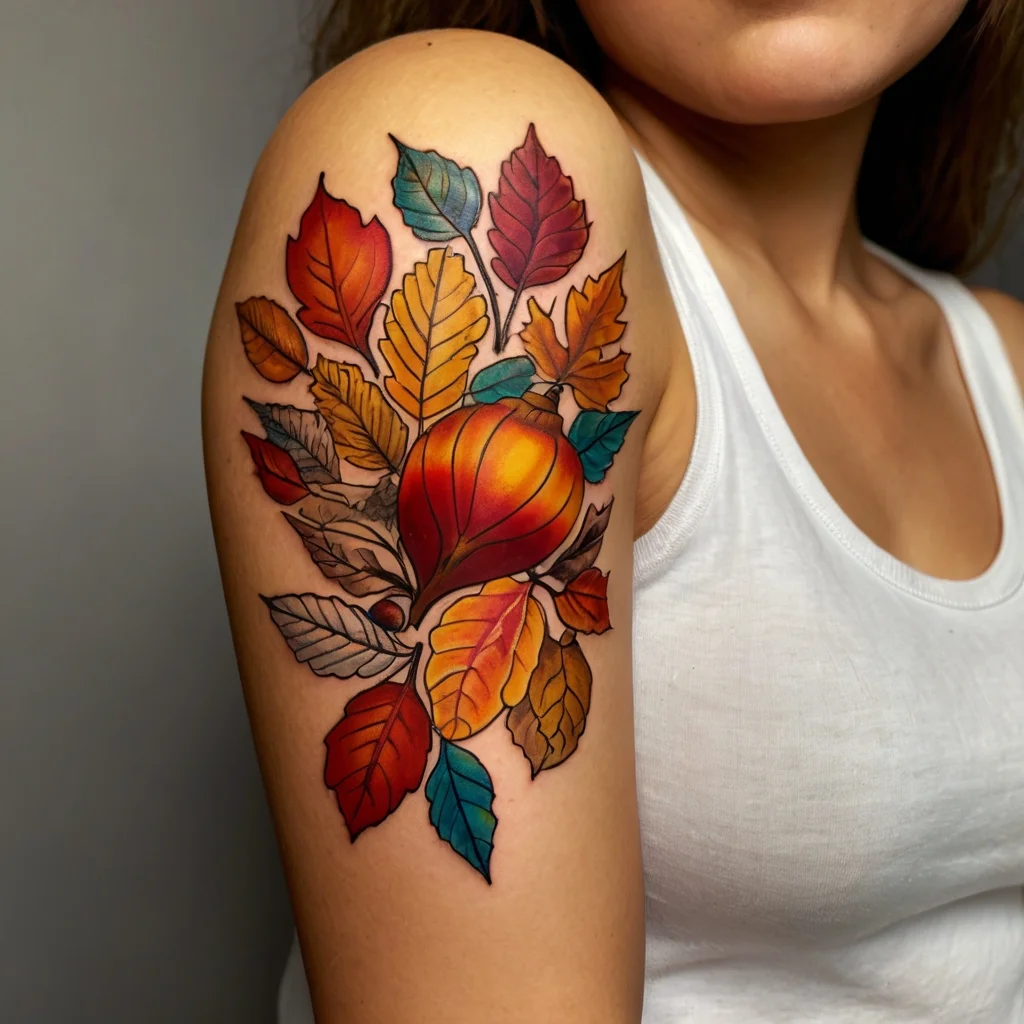 Colorful tattoo on upper arm featuring a vibrant fig surrounded by autumn leaves in red, orange, yellow, and green.