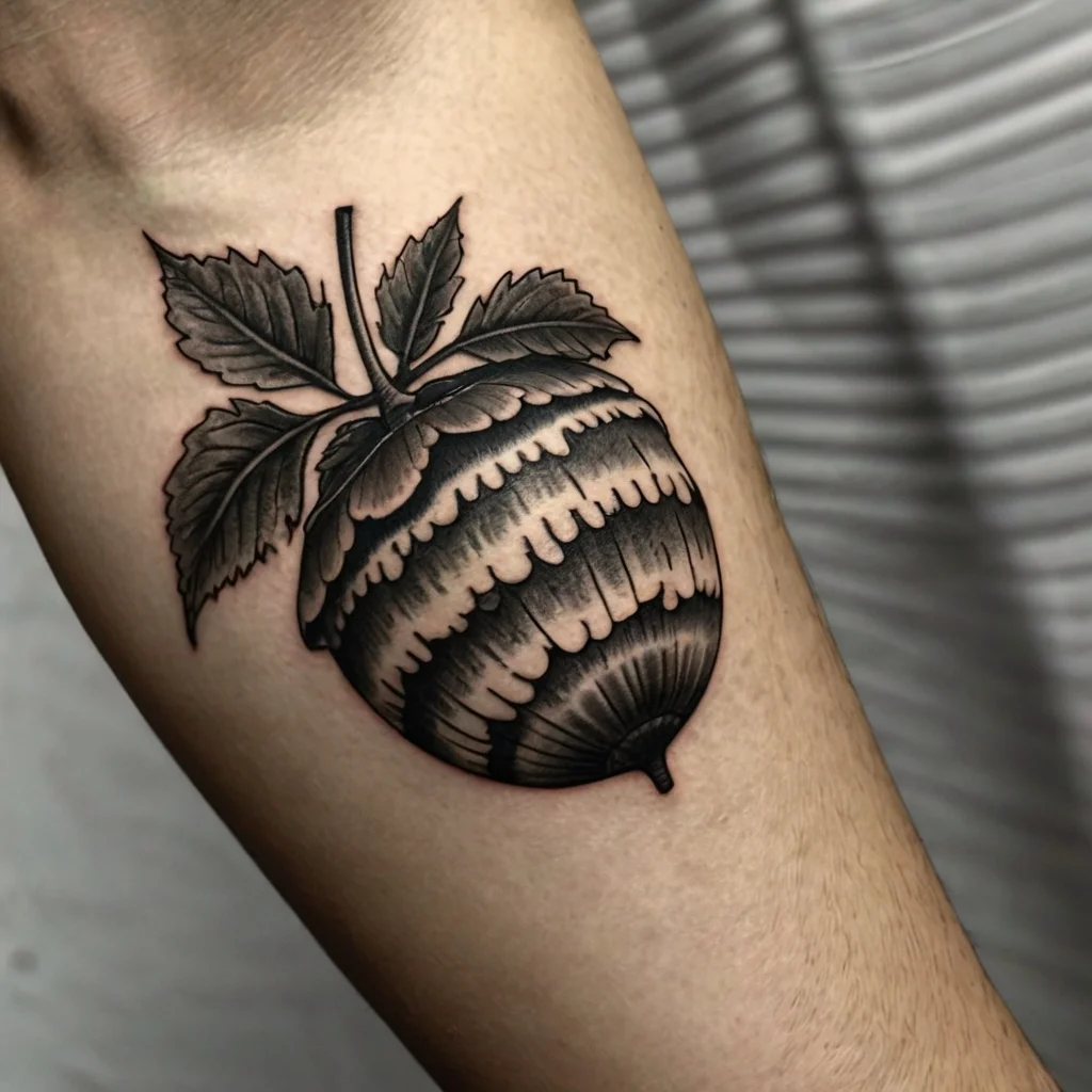 Tattoo of a shaded stylized acorn with detailed leaves, featuring bold lines and dotwork for texture on the arm.