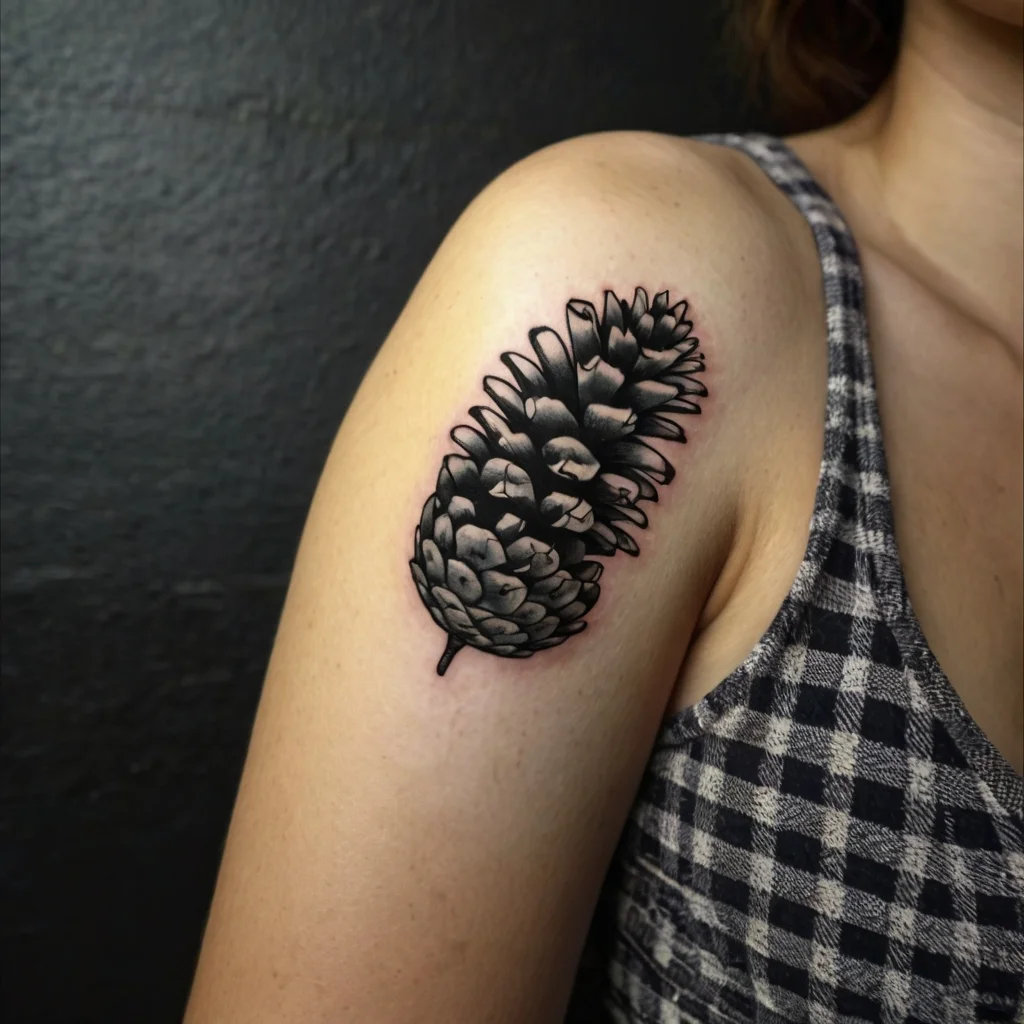 Black and gray realistic pinecone tattoo on upper arm, detailed scales with slight shading and subtle red undertones.