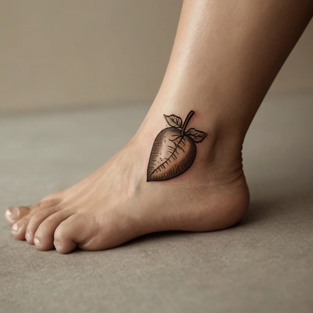 Tattoo of a stitched anatomical heart with leaves, blending nature and emotion on the inner ankle in black ink.