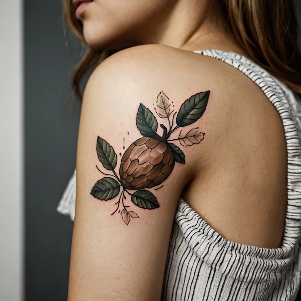 Tattoo of a cocoa pod with textured detail, surrounded by green leaves, on the upper arm. A mix of realism and elegance.