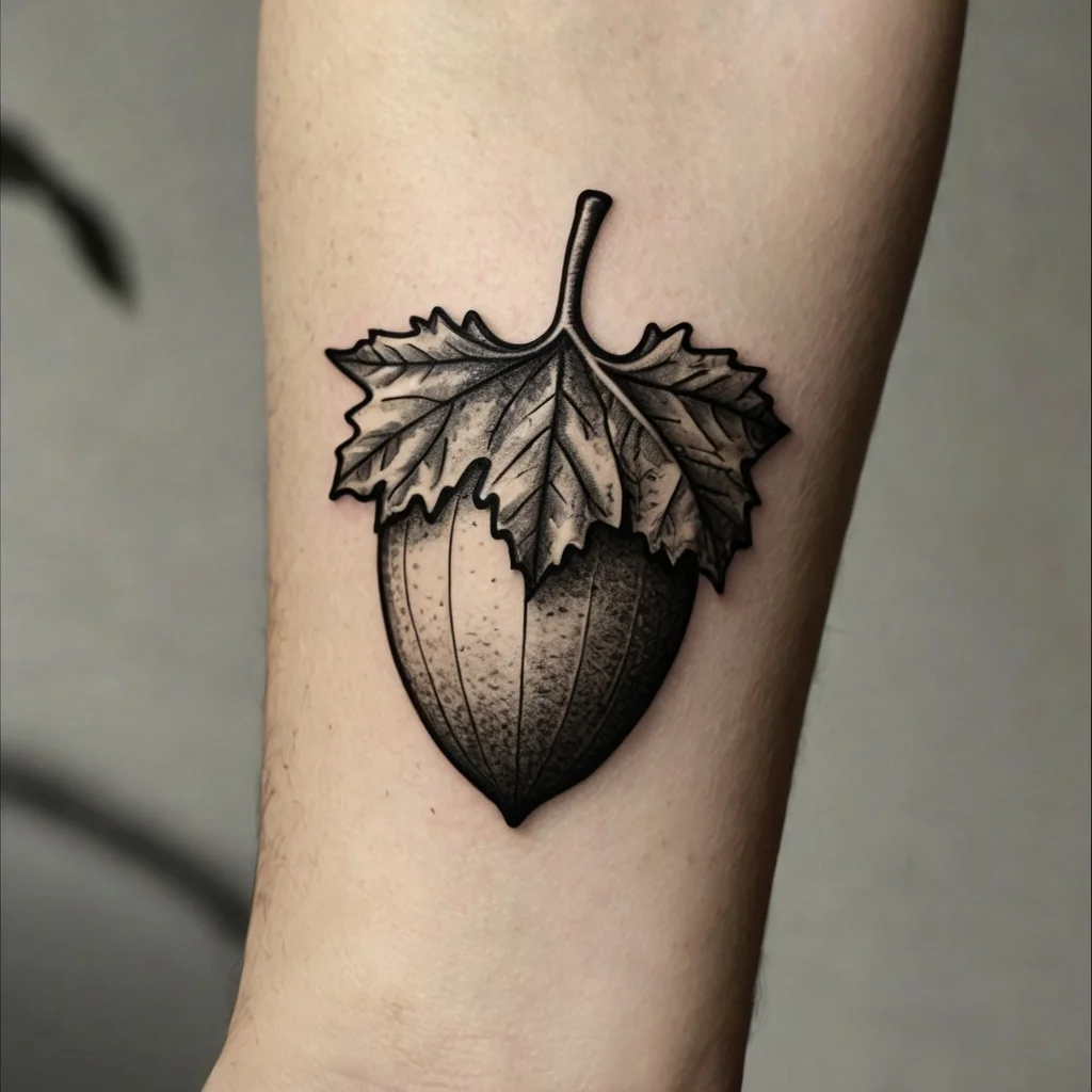 Tattoo of a textured acorn with a detailed maple leaf top, featuring intricate shading for a 3D effect on the forearm.