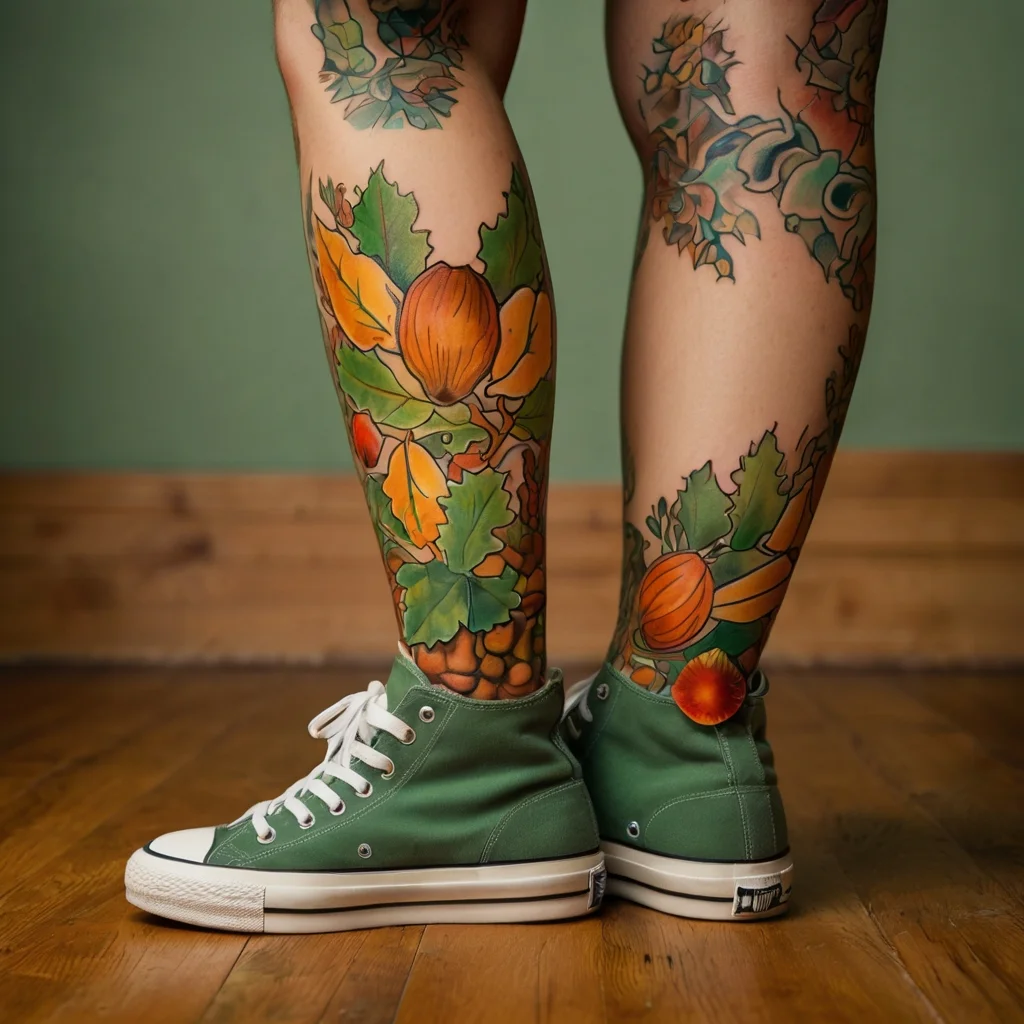 Tattoo of vibrant fall leaves and gourds in bold colors wraps around both legs, set against a wood floor background.