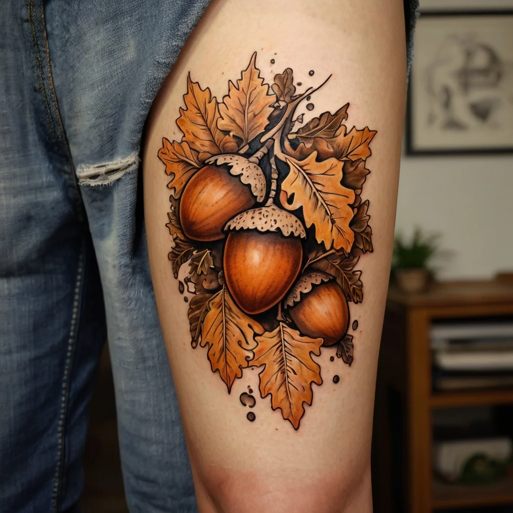 Realistic acorn and autumn leaves tattoo in vibrant browns and oranges, creating a natural and earthy theme.