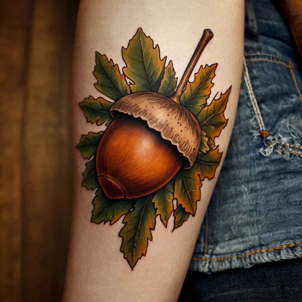 Realistic acorn tattoo with rich browns and greens, featuring detailed leaves around it, symbolizing growth and potential.