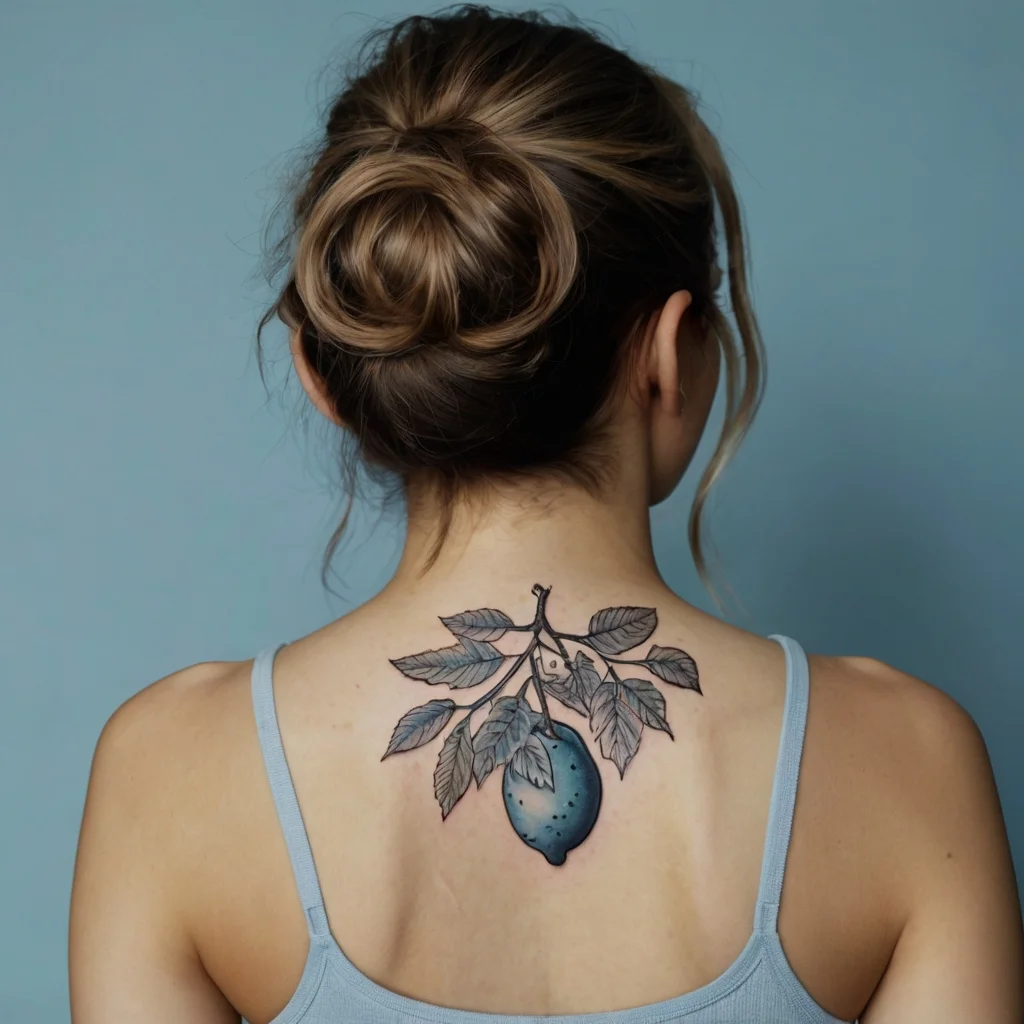 Tattoo of a blue lemon with detailed leaves on a branch, centered on the upper back, blending realism and whimsy.