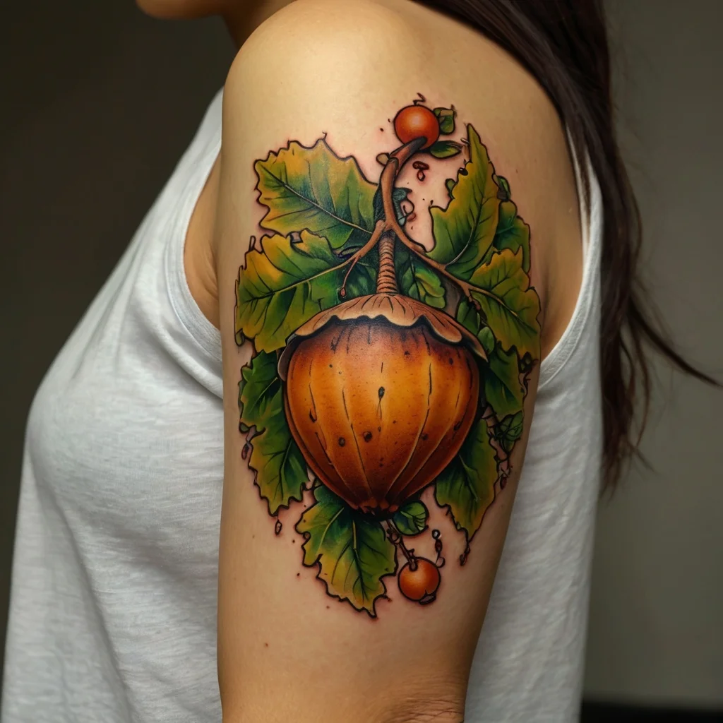 A vibrant tattoo of an orange seed pod with lush green leaves, featuring detailed shading and bold outlines on the arm.