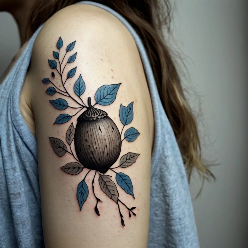 Tattoo of a detailed acorn surrounded by blue and gray leaves, elegantly wrapping around the upper arm.