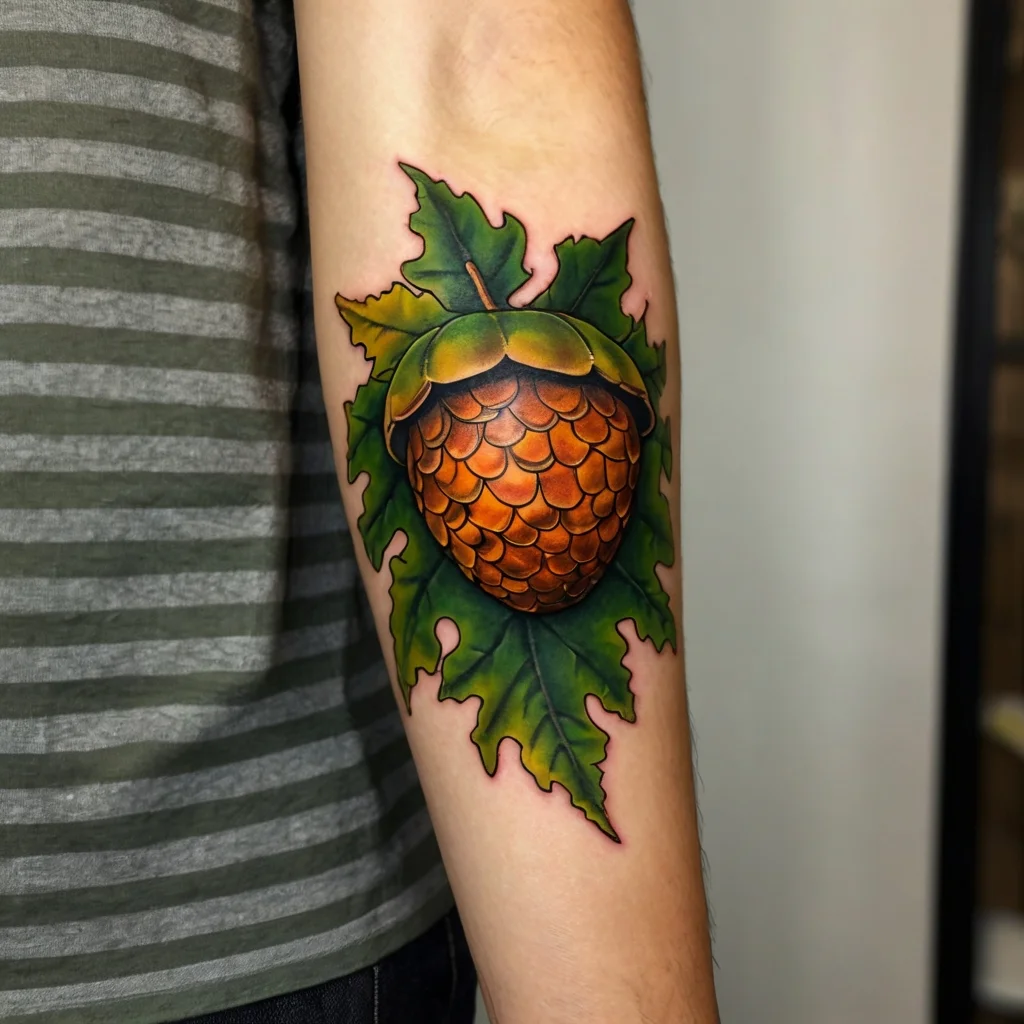 Colorful acorn tattoo with detailed scales and vibrant maple leaf backdrop, symbolizing growth and potential.