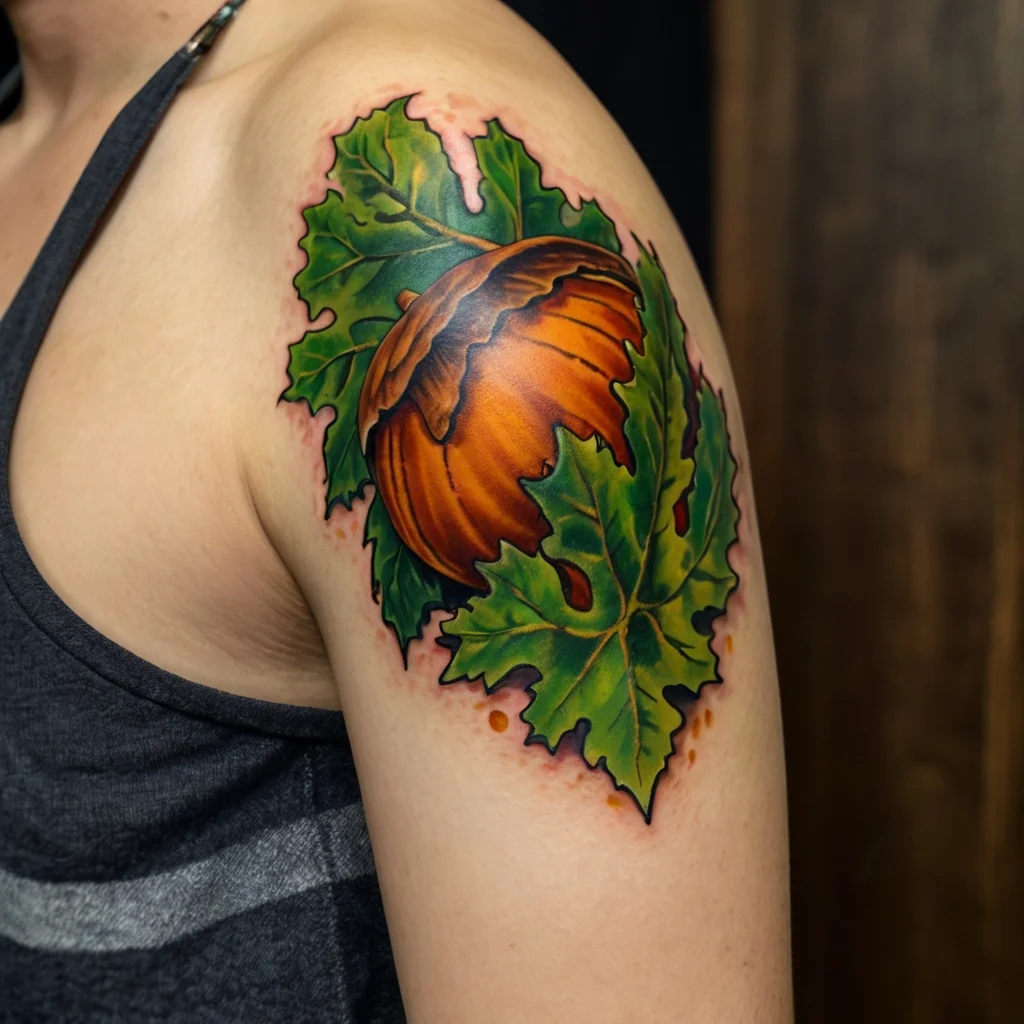 Tattoo of a vibrant orange pumpkin with detailed green leaves on the upper arm, symbolizing autumn and harvest.