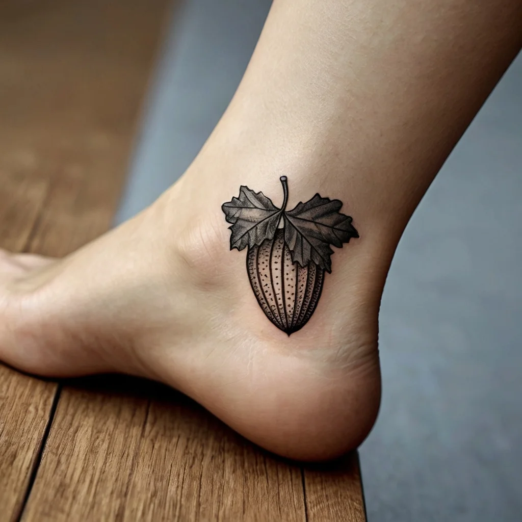 Black ink tattoo of a detailed strawberry with leaves on the ankle, showcasing intricate linework and dot shading.