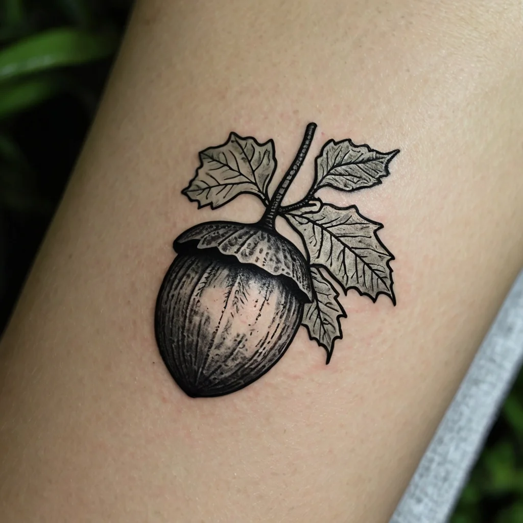 Black and grey acorn tattoo with detailed shading, textured cap, and two stylized leaves extending from the stem.