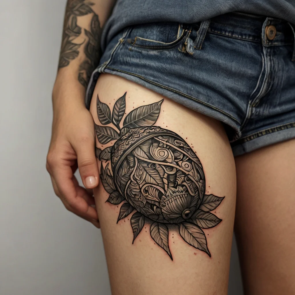 Intricate ornamental pomegranate tattoo on thigh, featuring detailed shading and swirling patterns with leaves.