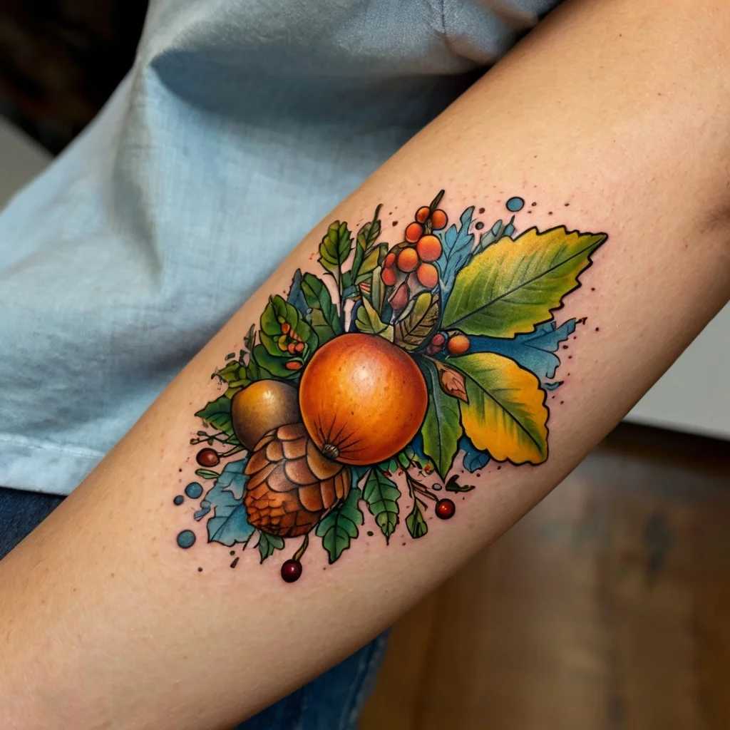 Colorful autumn-themed tattoo with vibrant fruits, leaves, and a pinecone, symbolizing harvest and abundance.