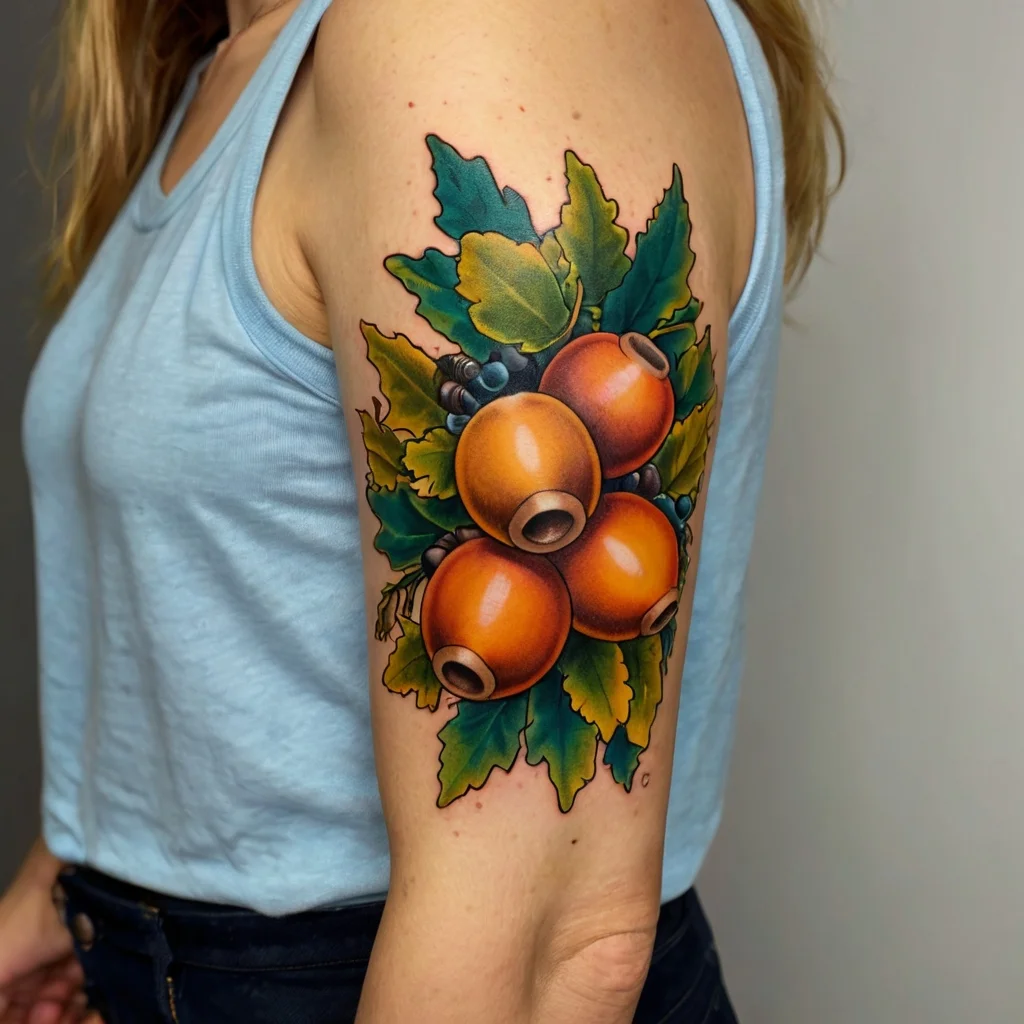 Tattoo of vibrant orange berries with green leaves, showcasing bold outlines and realistic shading on an upper arm.