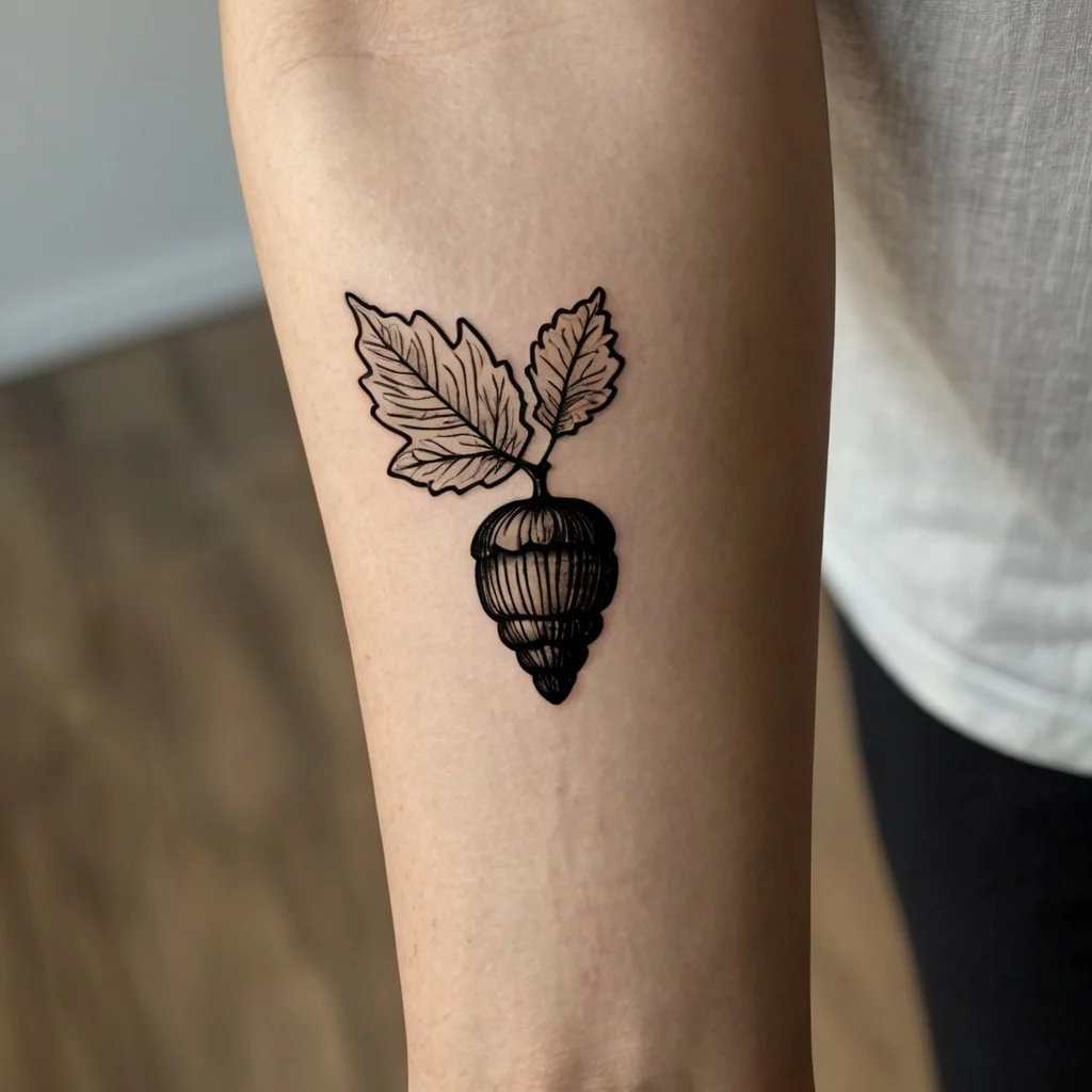 Black ink tattoo of a stylized acorn with two detailed leaves on an arm, showcasing bold outlines and shading.