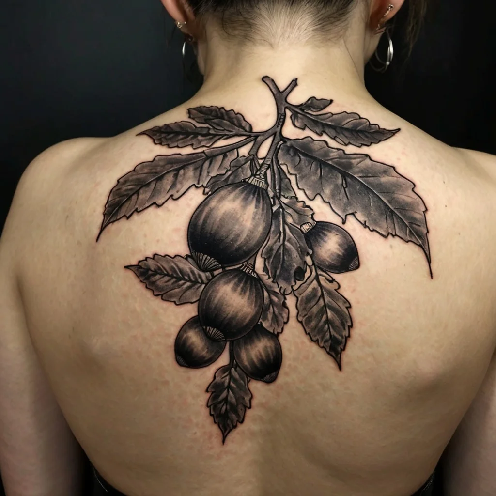 Detailed botanical back tattoo of a branch with ripe, shaded fruits and intricate leaves, emphasizing organic beauty.