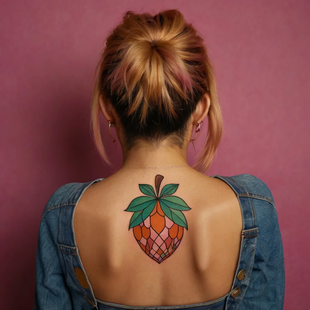 Tattoo of a colorful geometric strawberry with green leaves on the upper back, merging art with nature's design.