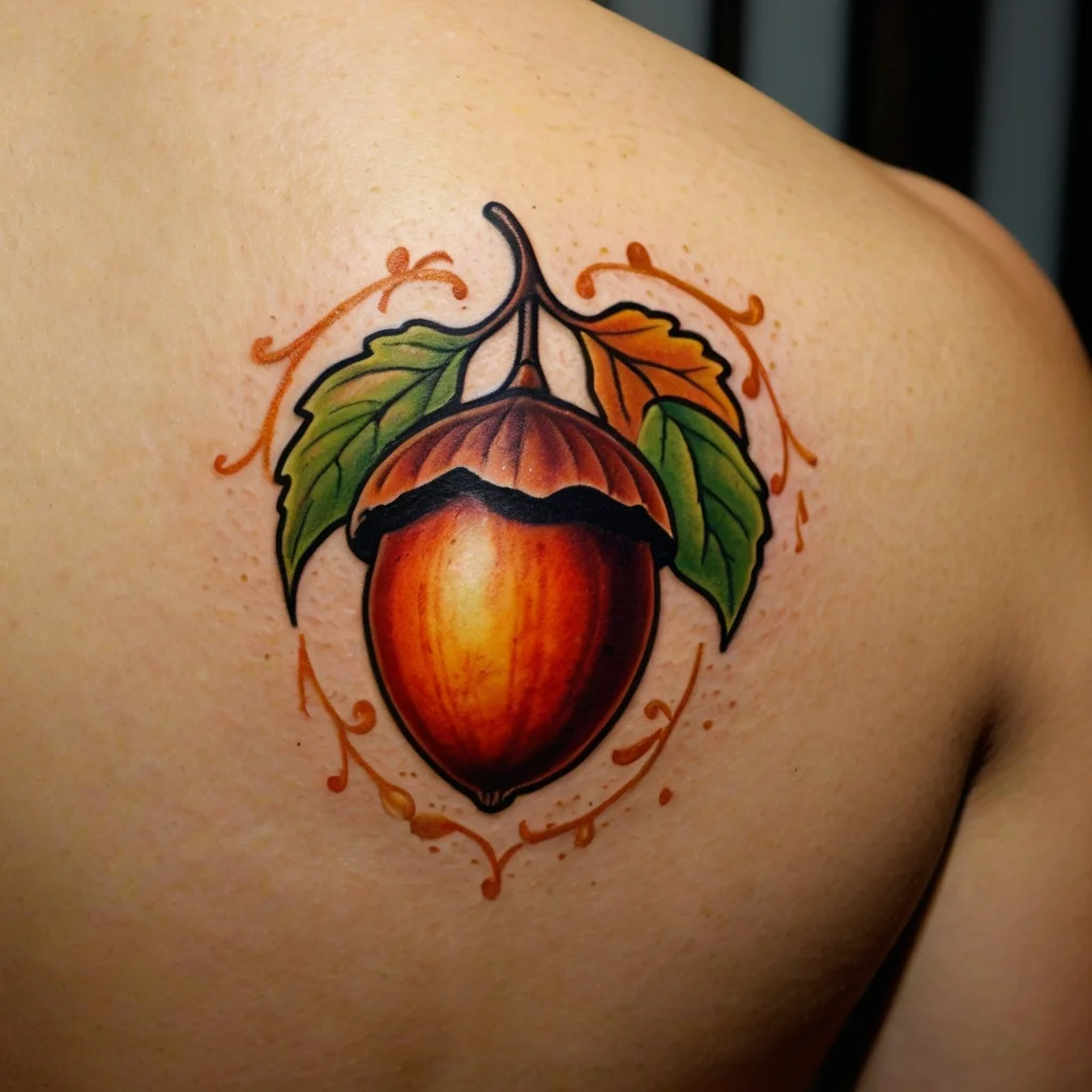 Colorful acorn tattoo with vivid green leaves and brown swirls, symbolizing growth and potential, on upper back.