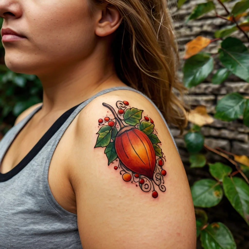 A vibrant Japanese lantern tattoo with green leaves and red-orange berries, elegantly placed on the shoulder.