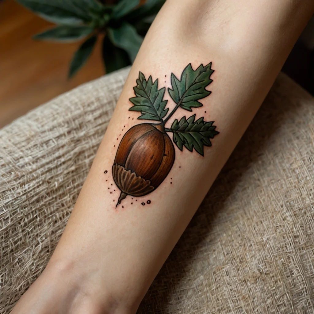 Tattoo of a detailed acorn with two green leaves, surrounded by subtle dot work, symbolizing growth and potential.