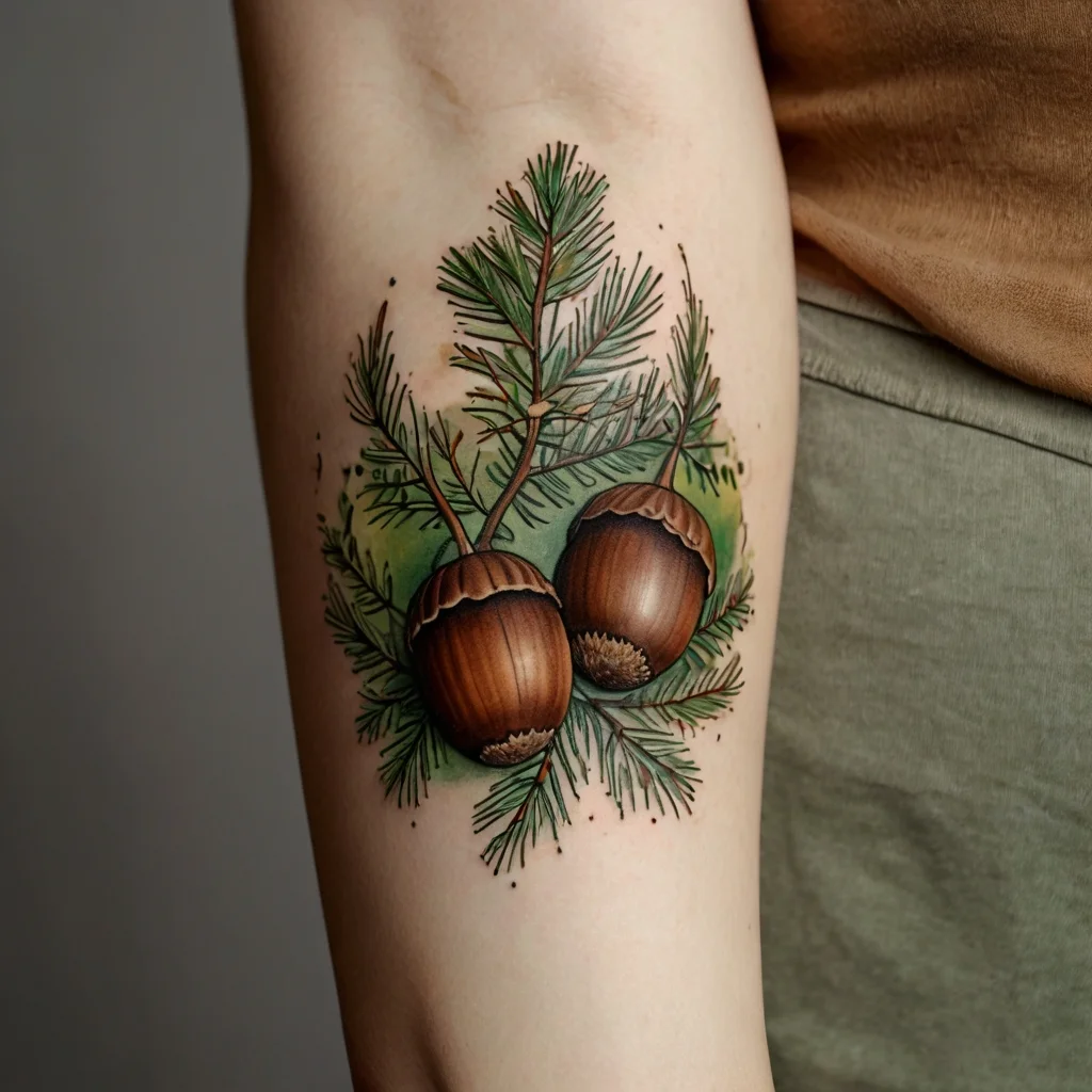 Tattoo of two realistic acorns and pine needles with vibrant green highlights, symbolizing growth and nature.