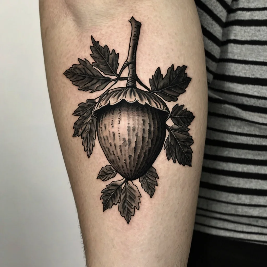 Black ink tattoo of an acorn with detailed shading, surrounded by oak leaves, on the inner arm.