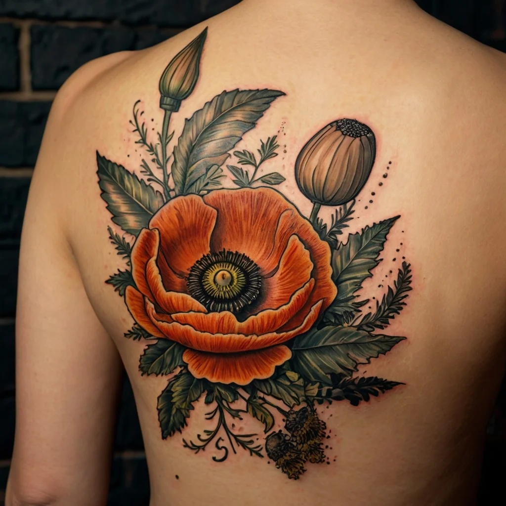 Ornate tattoo of a vibrant red poppy with lush green leaves and detailed buds, elegantly spread across the upper back.