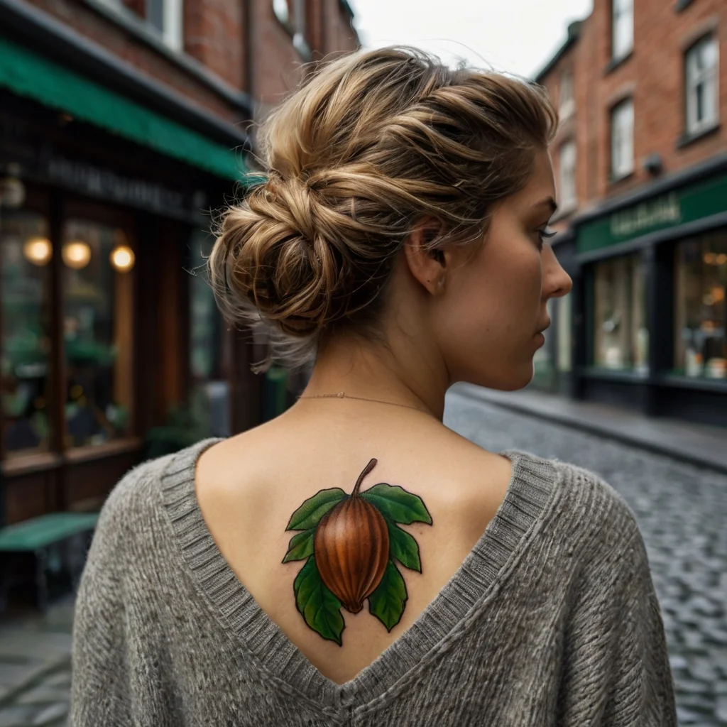 Tattoo of a chestnut with vibrant green leaves, centered on upper back, symbolizing strength and protection.