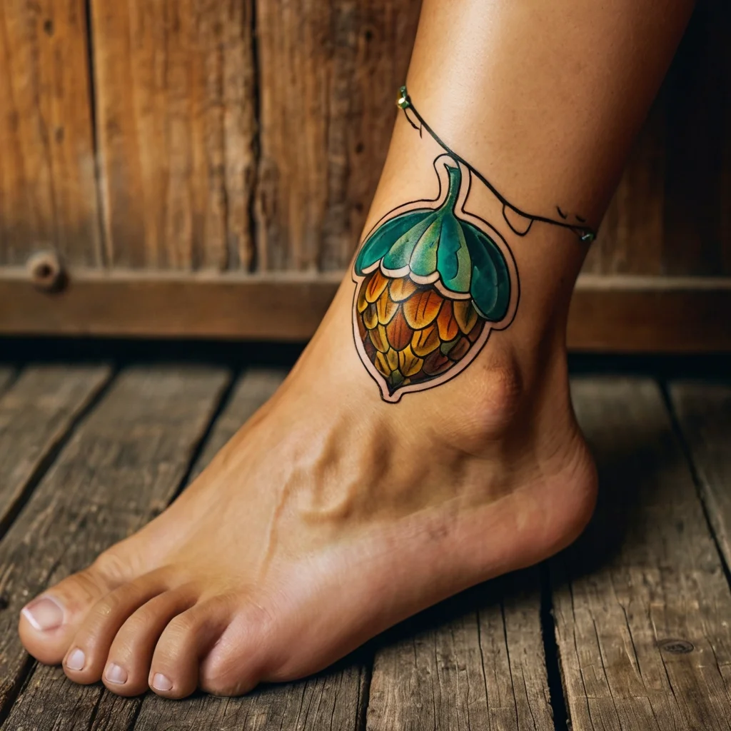 Colorful acorn tattoo on ankle with blue top and orange-brown scales, outlined in black. Enhanced nature motif.