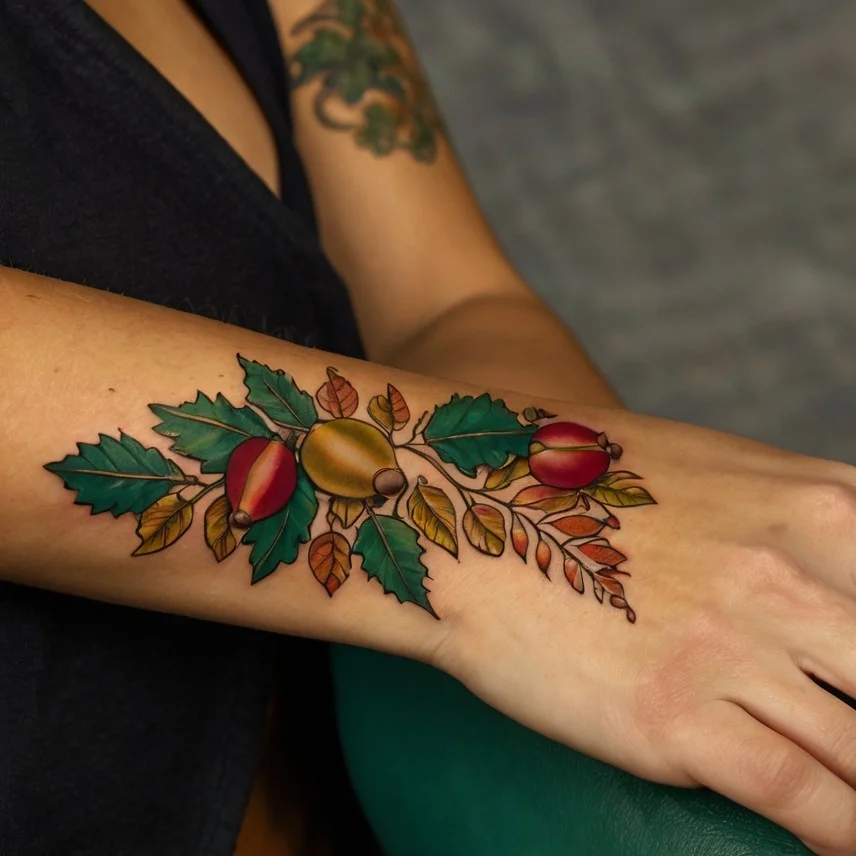 Tattoo of colorful rose hips and green leaves on the forearm, with vibrant red, yellow, and orange hues for autumn vibes.