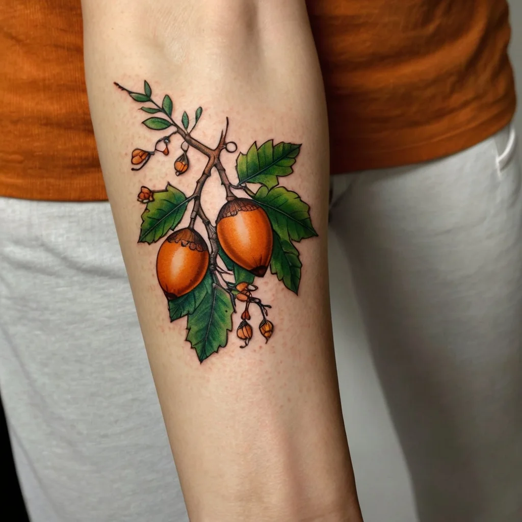 A detailed tattoo of two acorns on a branch with vibrant green leaves and small buds, emphasizing nature's beauty.