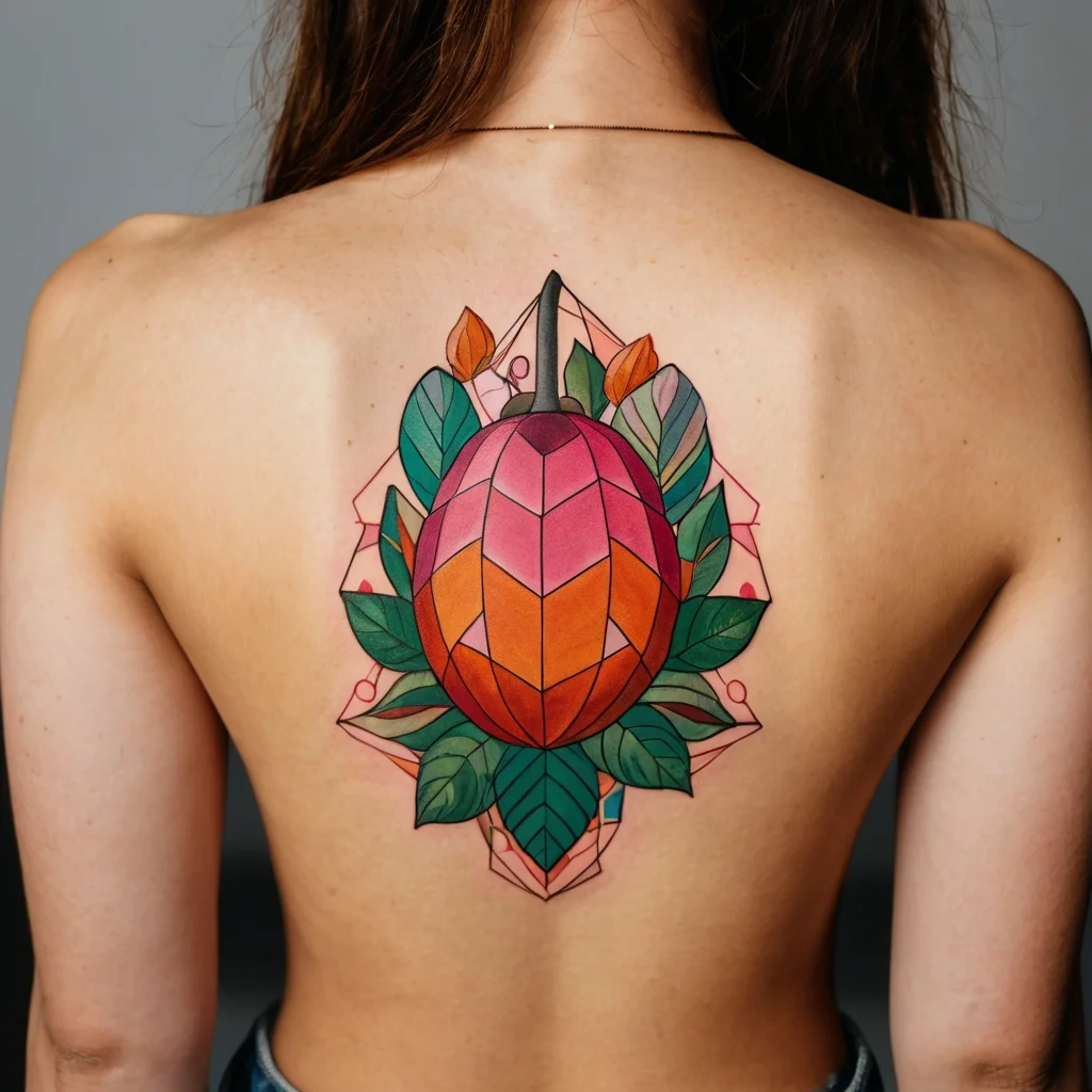 Geometric tattoo of a stylized cocoa pod on the back, with vibrant pink, orange, and green hues, surrounded by leaves.