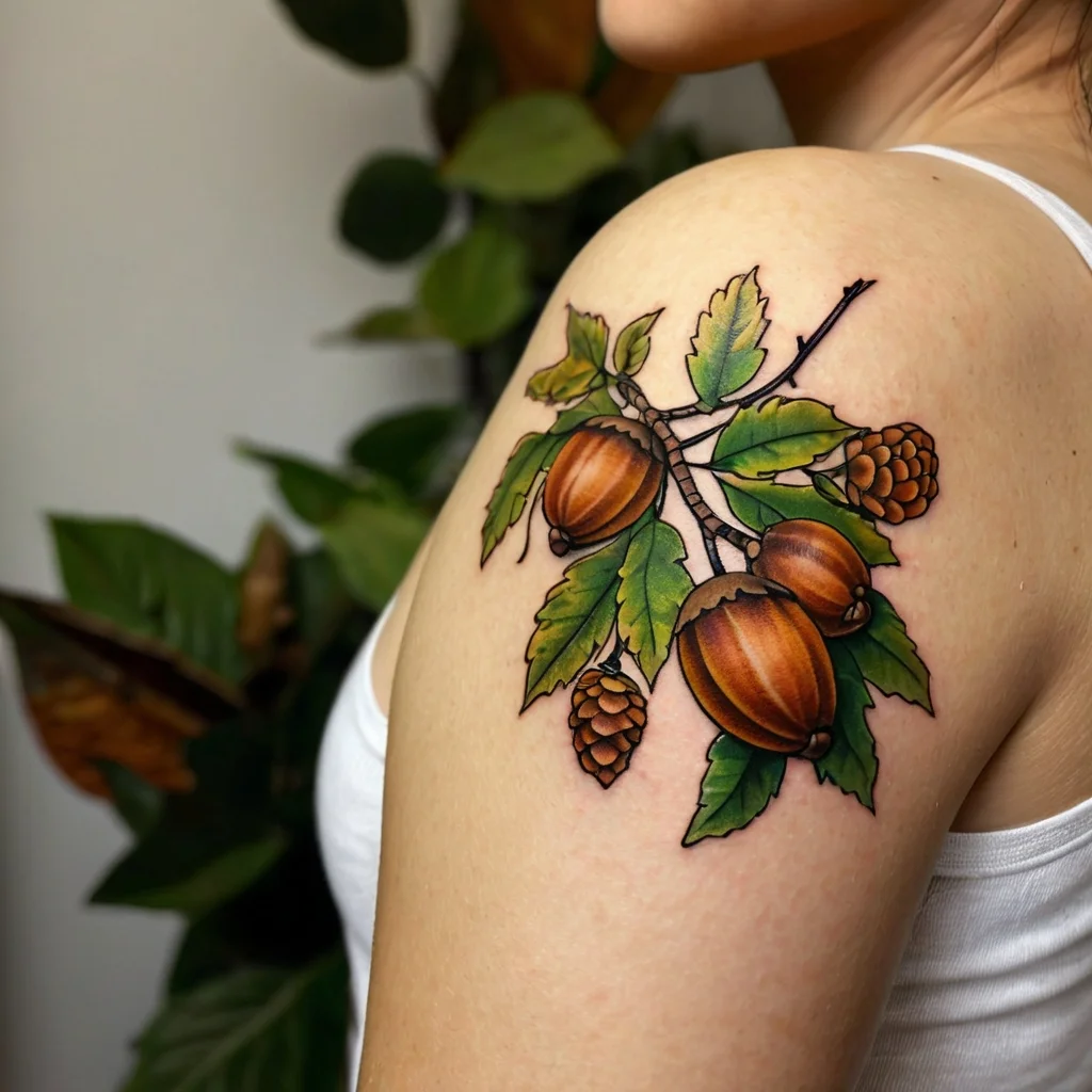 Tattoo of acorns and pinecones with green leaves on a shoulder, showcasing nature-inspired details and earthy tones.