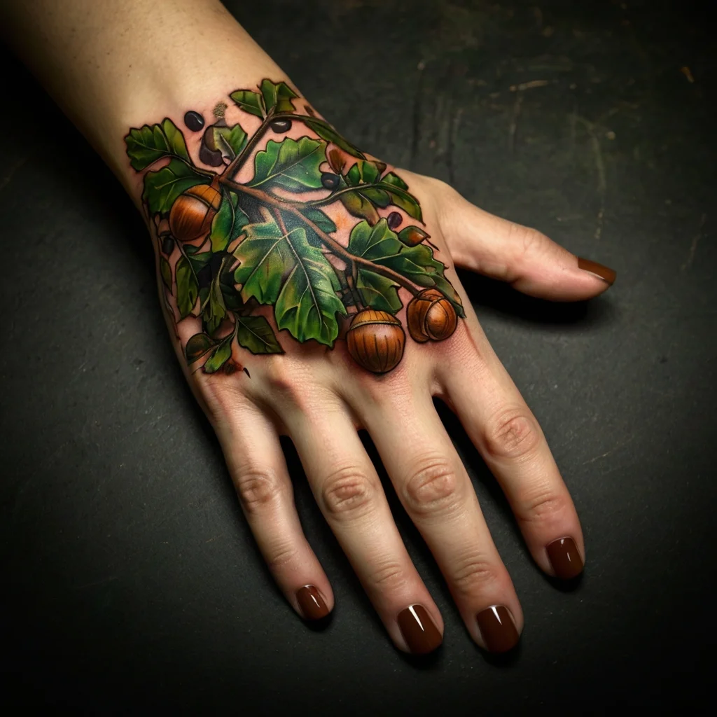 Hand tattoo of realistic oak leaves and acorns, featuring rich greens and browns, creating a nature-inspired design.