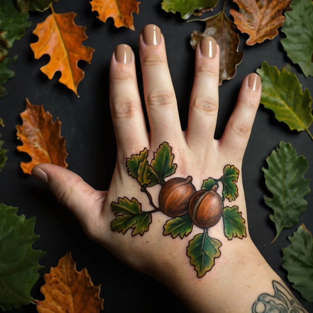 Tattoo of acorns with green leaves on the hand, symbolizing strength, growth, and potential.