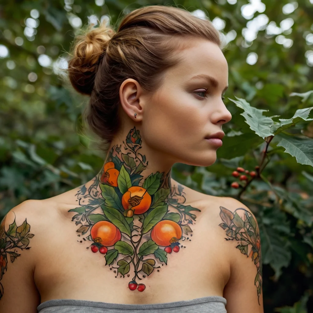 Vibrant neck and chest tattoo featuring oranges with leaves and branches, accented by small red berries for a natural look.