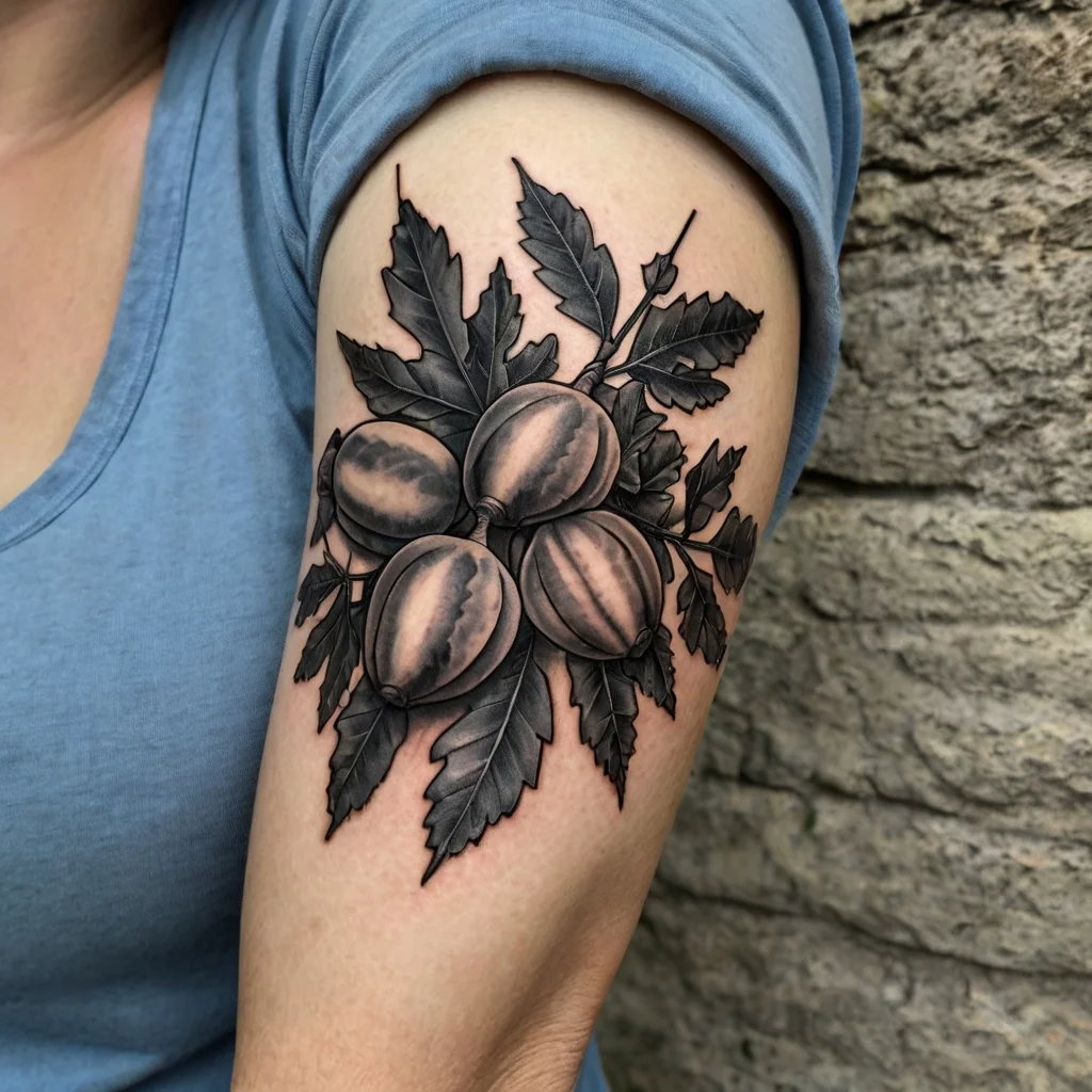 Tattoo of walnut branches with detailed shading and bold outlines, showcasing nuts and leaves on the upper arm.