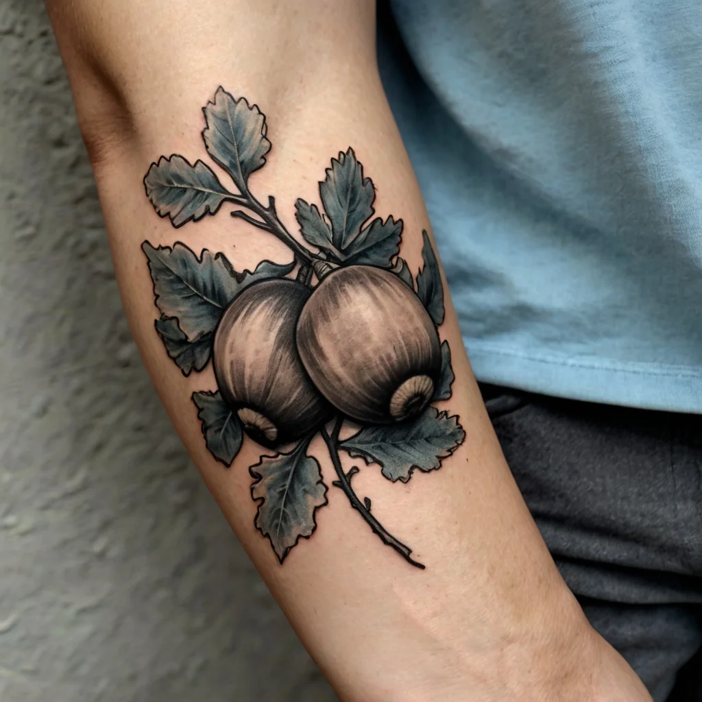 Tattoo of two realistic acorns with detailed leaves, shaded in black and gray, emphasizing nature and growth.