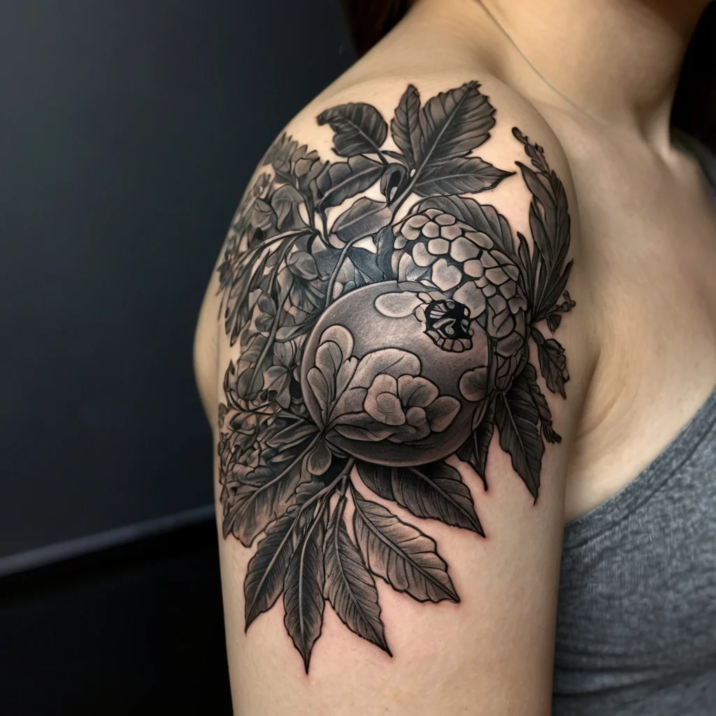 Black and gray tattoo of a blooming peony and realistic leaves on the shoulder, showcasing intricate shading and detail.