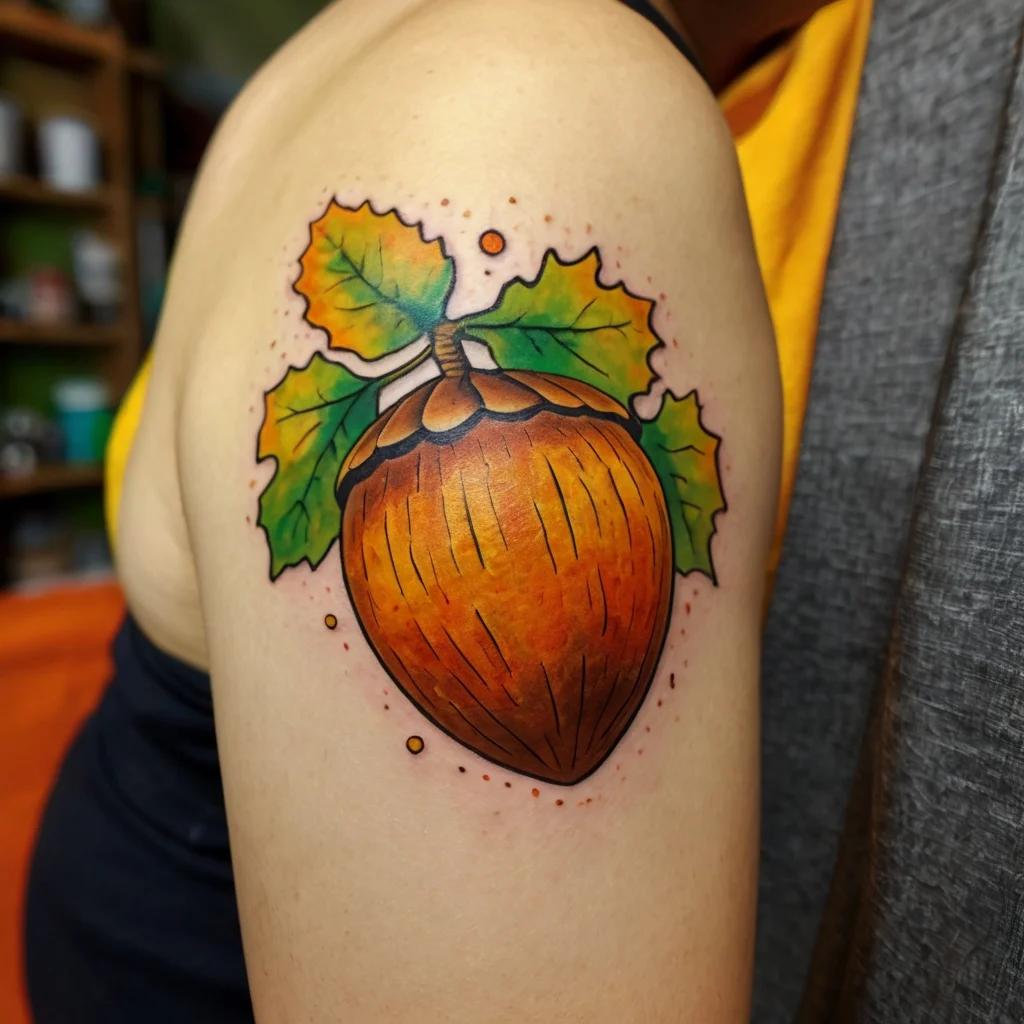 A vibrant tattoo of a detailed brown acorn with vivid green leaves, outlined in black, on the upper arm.