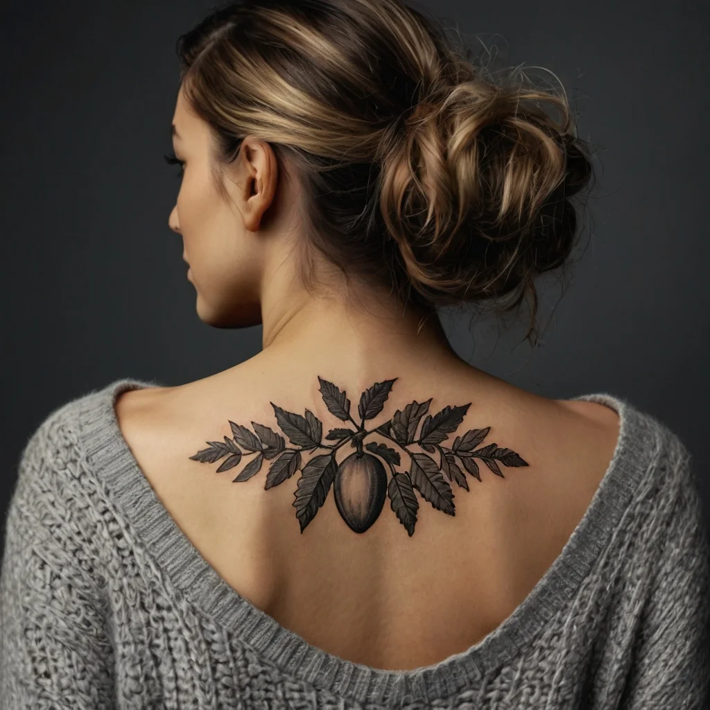 Ornate chestnut tattoo with leaves on a woman's upper back, blending detailed realism and botanical elegance.