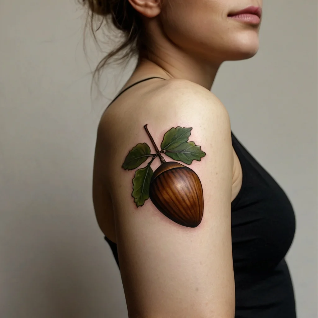 Tattoo of a realistic brown acorn with detailed green leaves on the upper arm, symbolizing growth and potential.