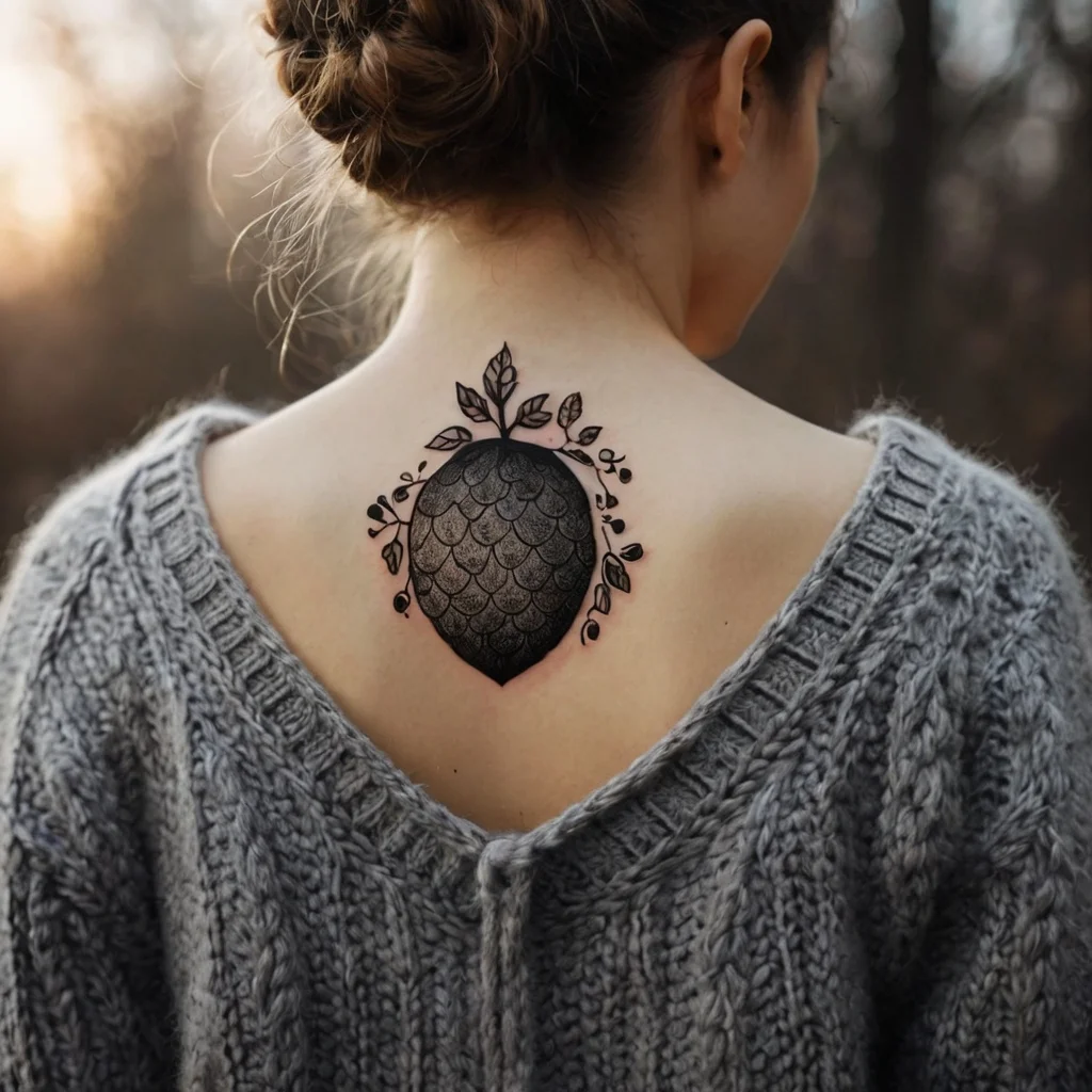 Black tattoo with a scaled, oval fruit design on upper back, adorned with delicate leaves and branches.