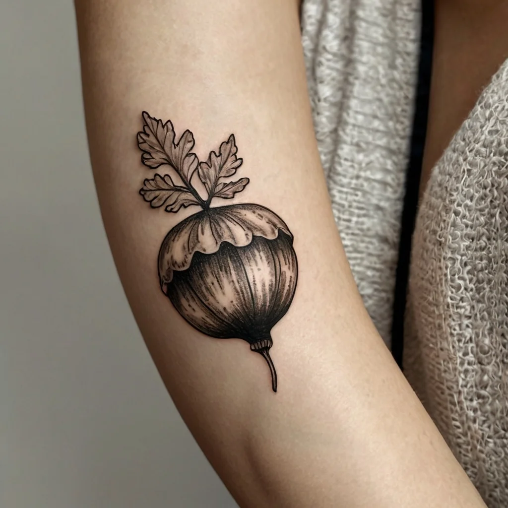 Detailed black and gray tattoo of a poppy seed pod with realistic shading and delicate leaves.