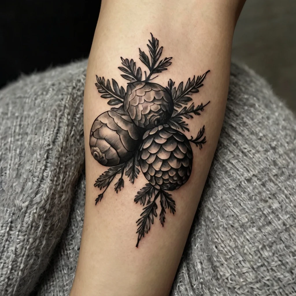 Black and gray realism tattoo of three pine cones with detailed shading and intricate needle-like evergreen leaves.